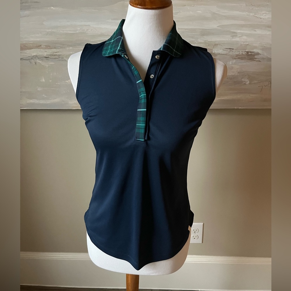 NWT Lady Hagen navy “plaid placket” sleeveless polo